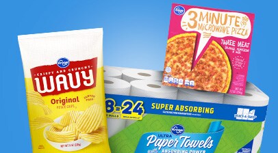 Kroger Brand wavy potato chips, 8-pack paper towels and yummy microwavable pizza. 