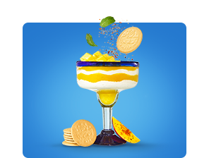 yellow background with glass dish of mango parfait