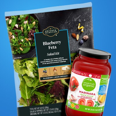 Marinara bottle in front of Blueberry Feta Salad Kit