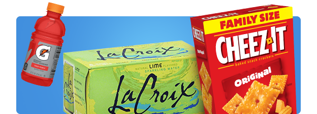 Gatorade beside a box of Cheez-It crackers and LaCroix sparkling water.