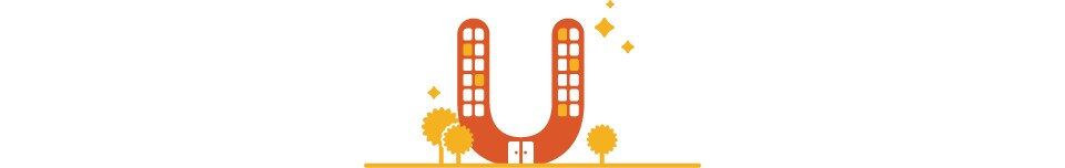 The letter U illustrated to look like a building
