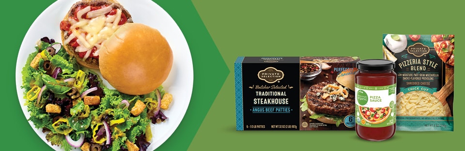 Grilled Pizza Burgers with packshots.