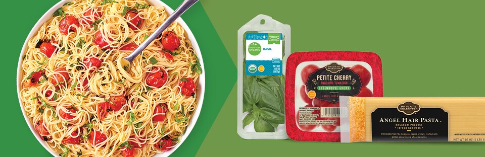Roasted Tomato Pasta with packshots.