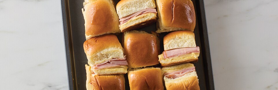 baking tray of ham sliders