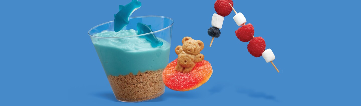 beach dessert cup with gummy sharks