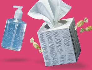 tissue box and hand sanitizer
