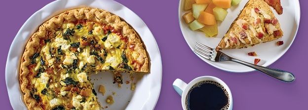 breakfast quiche, scones and bacon with coffee