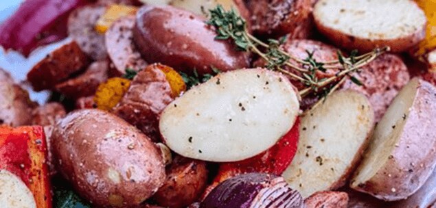 Roasted Potatoes with Smoked Sausage, Sweet Peppers and Red Onion