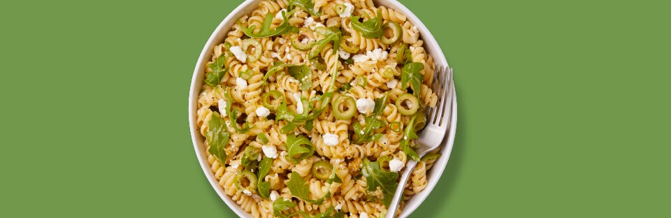 Pasta Salad with Arugula, Goat Cheese and Olives