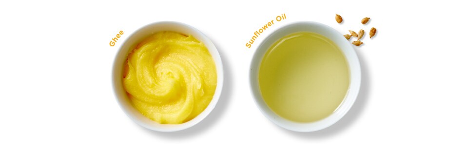 bowl of ghee and bowl of sunflower oil