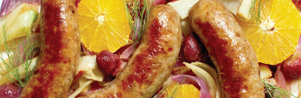 Close-up of Air-Fryer Italian Sausages with Fennel and Grapes