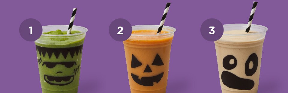 three smoothies, green and mean frankenstein, creamy pumpkin and grab-and-go ghost