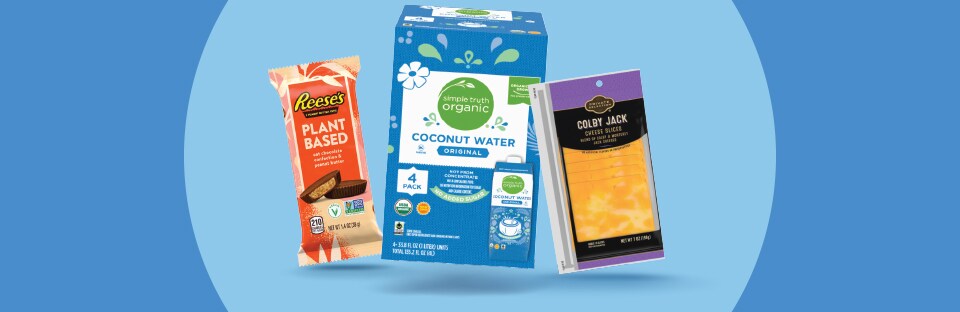 Reese’s Plant-Based Chocolates, Simple Truth Organic Coconut Water and Private Selection Colby Jack Cheese Slices