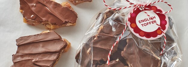 english toffee wrapped in a plastic bag as a gift