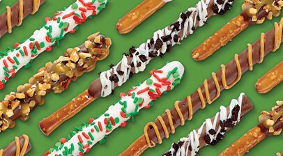 chocolate dipped pretzels with various toppings