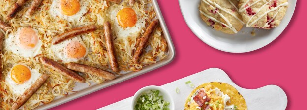 egg and sausage sheet pan, scones on plate and breakfast tacos