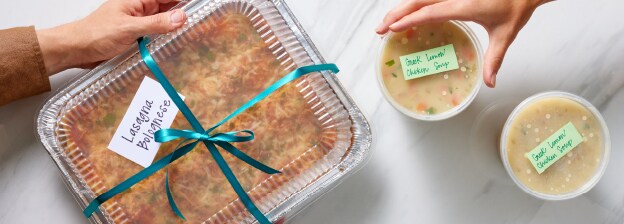 bolognese lasagna plastic container wrapped up to give to a friend