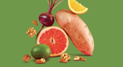 sweet potato, grapefruit, lime, beets and nut mix stacked