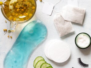 tea bags, eye serum, eye mask and oil