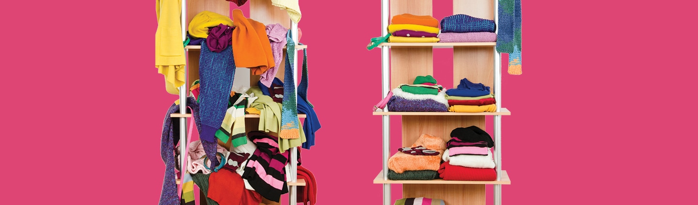 one clothing shelf that is cluttered and one clothing shelf that is clean and organized