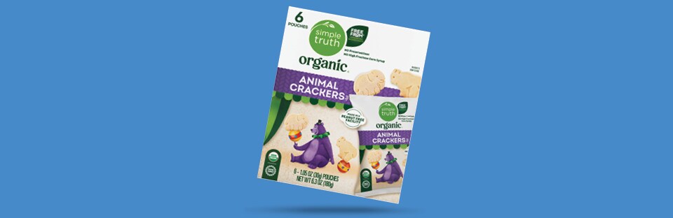 Organic animal crackers package on blue background