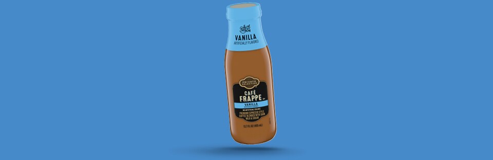 Cafe Frappe bottle on blue background