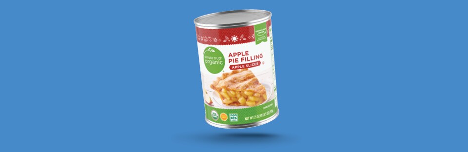 Apple Pie filling can on blue background