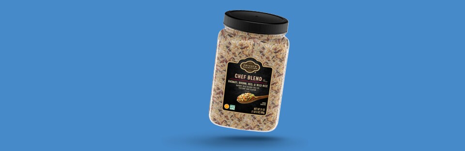 Fireplace: Chef’s Blend Rice container on blue background