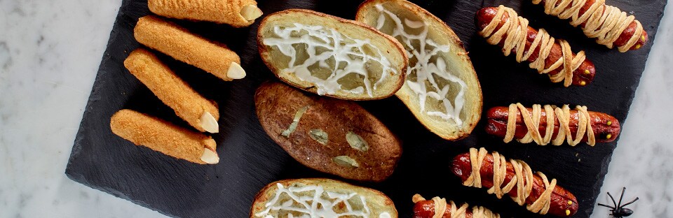mozzarella sticks, potato skins and hot dog mini mummies