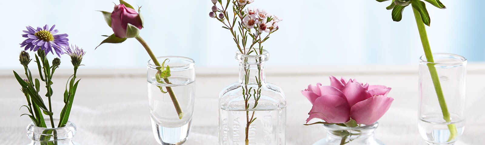 Five glass containers of various shapes and size, each containing water and a different flower Five glass containers of various shapes and size, each containing water and a different flower