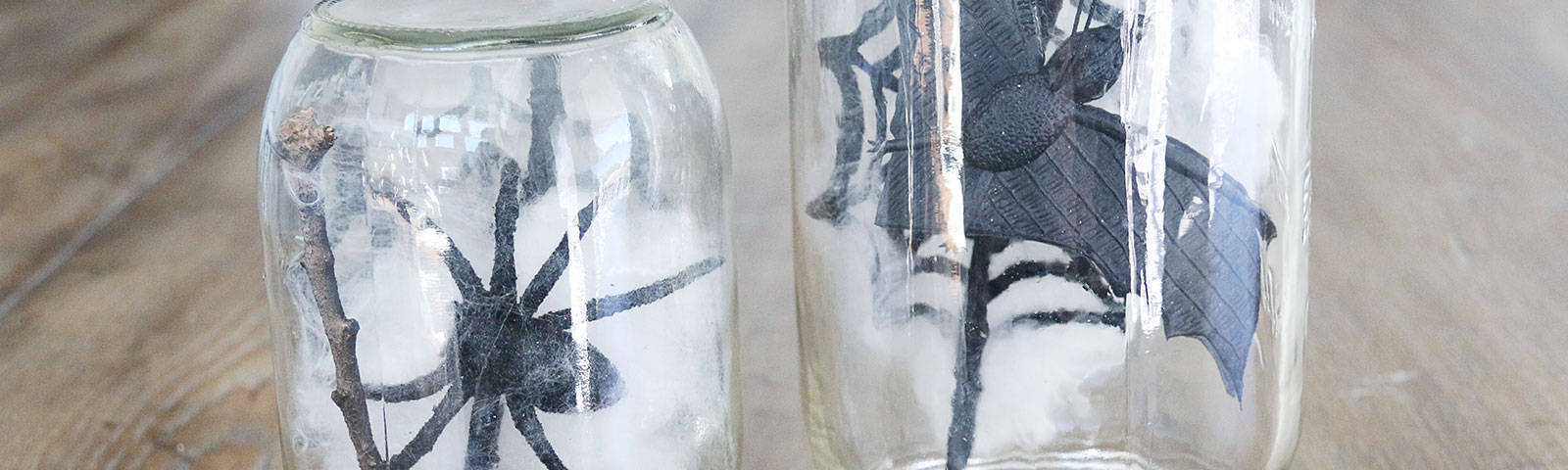 Mason jars with sticks, spiderwebs and a plastic spider or bat on the inside of each jar Mason jars with sticks, spiderwebs and a plastic spider or bat on the inside of each jar