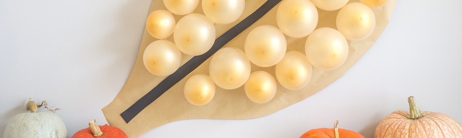 Several confetti-filled balloons attached to a leaf-shaped piece of brown craft paper surrounded by small pumpkins Several confetti-filled balloons attached to a leaf-shaped piece of brown craft paper surrounded by small pumpkins