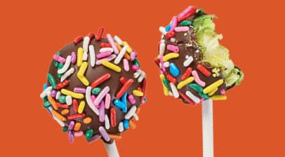 brussels sprouts covered in melted chocolate and rainbow sprinkles