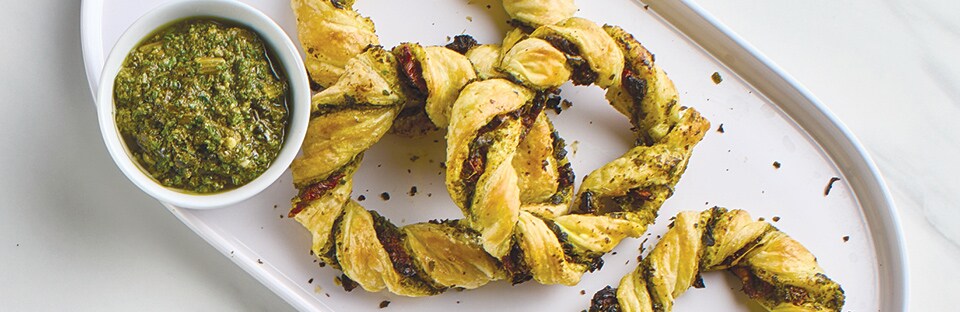pesto and sun-dried tomato wreaths